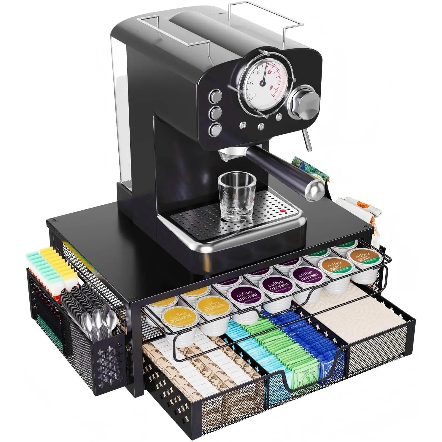 K Cup Organizer, Coffee Pod Holder for Counter with 2 Tier Sliding Storage Drawer & Hanging Baskets, Holds 63 Large or 80 Small Capsules for Coffee Bar, Black