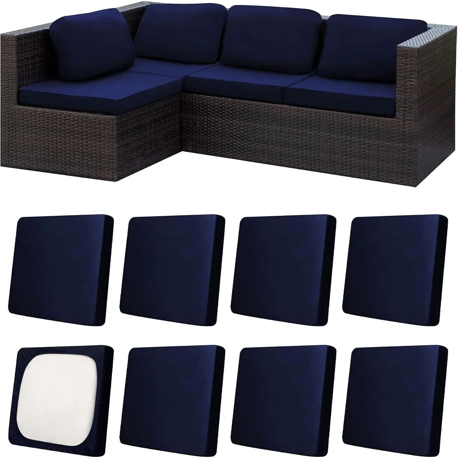 8Pcs Patio Cushion Covers,Outdoor Cushions Covers,Stretch Cushion Covers Replacement, Washable and Reusable Furniture Protectors(Navy Blue)