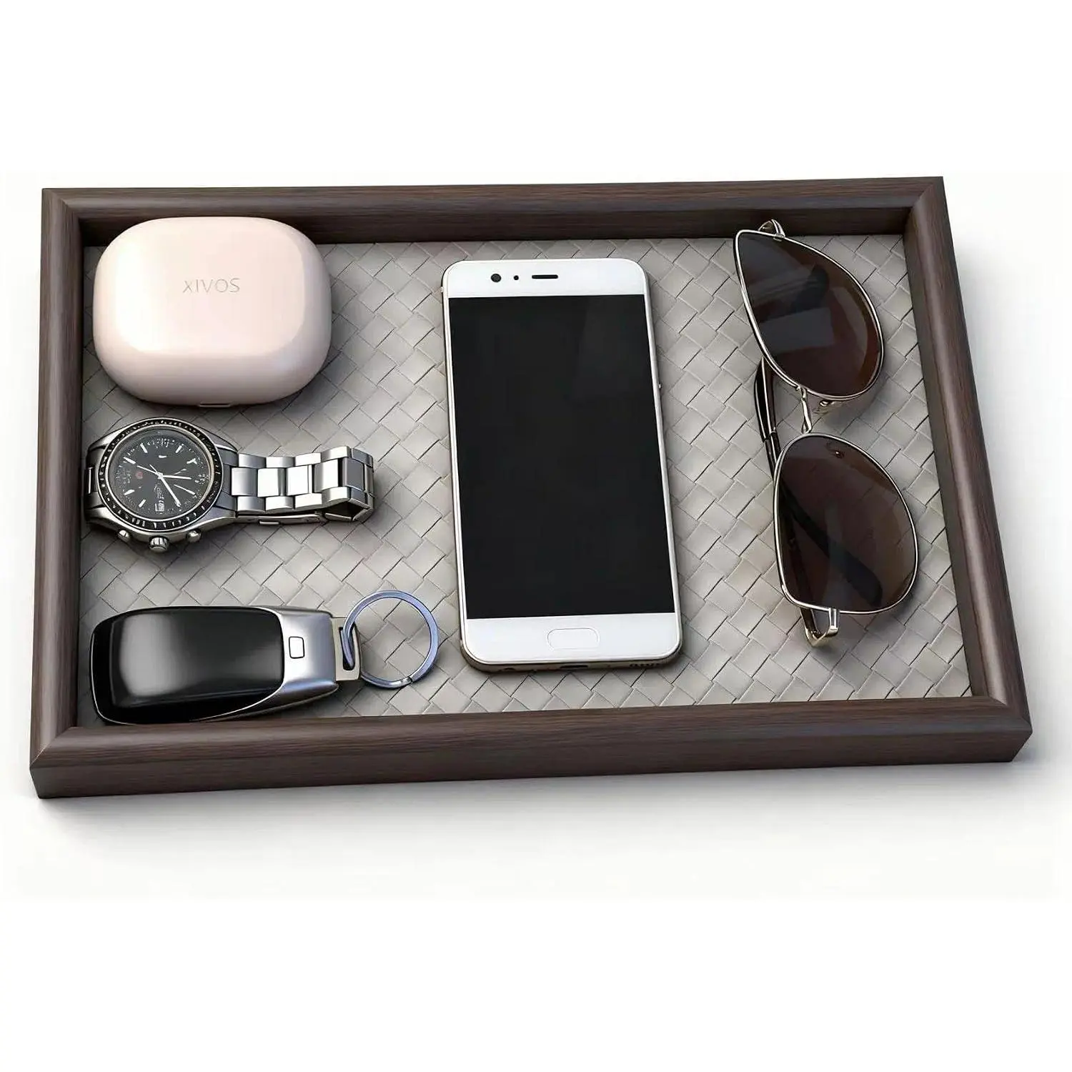 Bohemian Wooden Valet Tray with Leather Base - Compact Durable 1-Piece Rectangular Modern Home Decor Nightstand Catchall Organizer for Cologne, Perfume, Wallet, Phone, Watch, Sunglasses