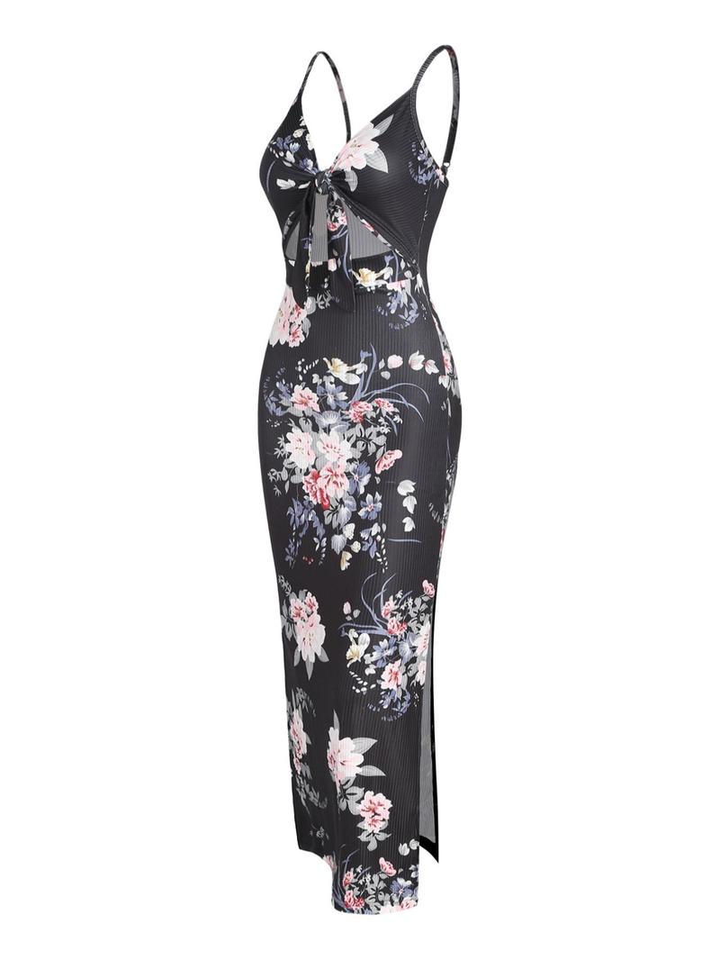 Women's All Over Print Cut Out Cami Dress, Fashion Casual Backless Long Dress for Daily Outdoor Wear, Ladies Clothes for All Seasons