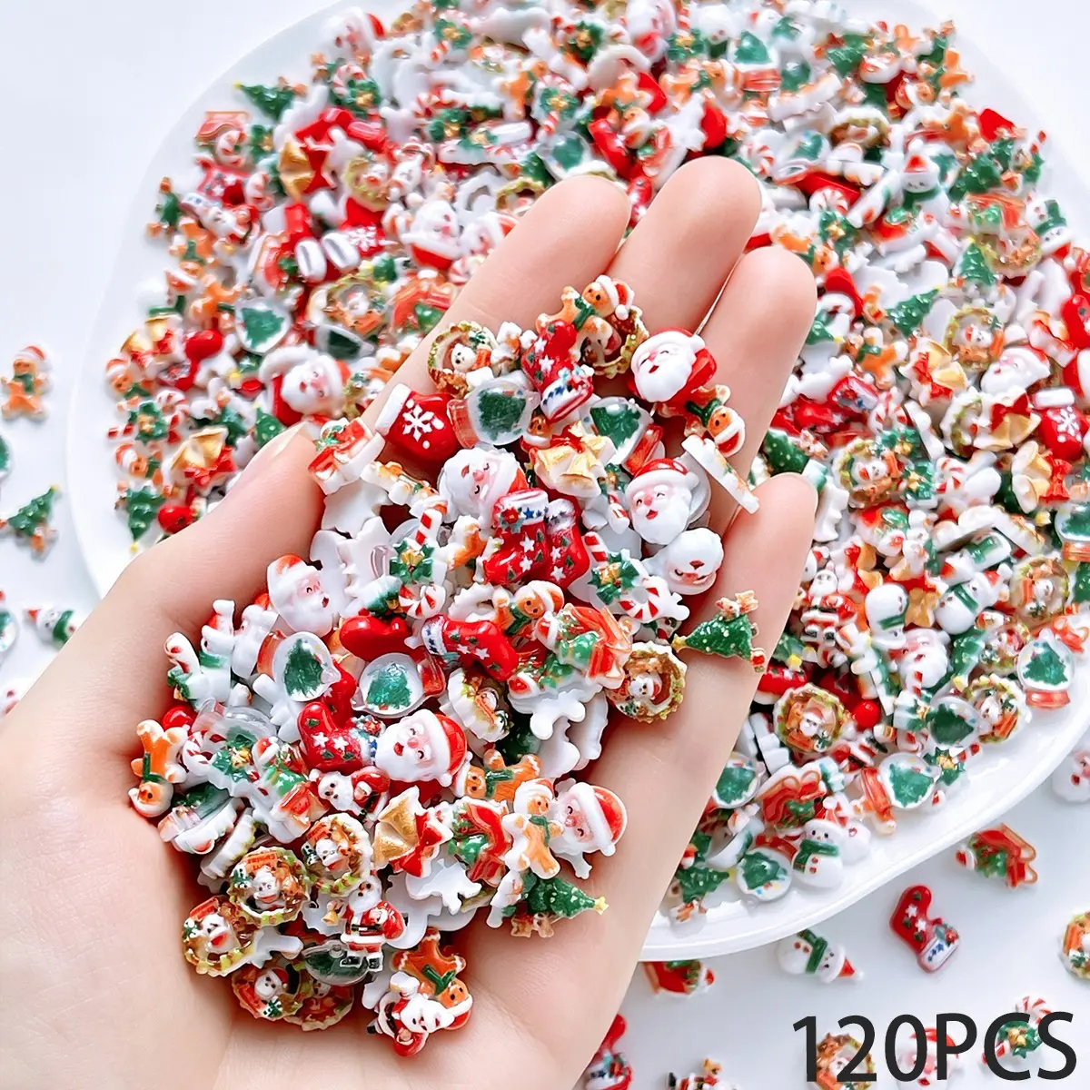 120PCS Random Mixed Creative Santa Claus Wreath Gloves Resin Nail Charms 3D Colorful Cartoon Gingerbread Man Snowman Sled Crystal Ball Nail Decor DIY Christmas Series Nails Art Crafts Nail Art Supplies