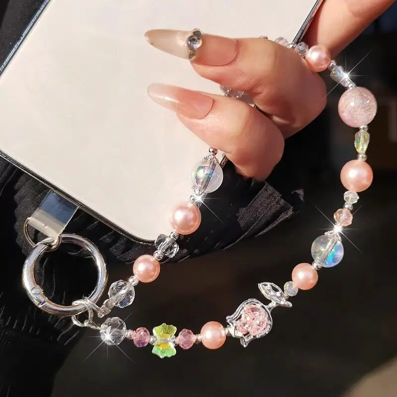 Fashion Antique Glass Ball Charm Wrist Lanyard Sparkly Crystal Gold Floral Decor Anti Lost Phone Accessories