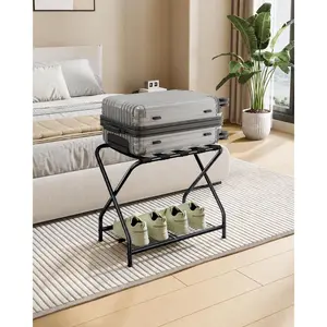 1-Piece Foldable Black Luggage Rack Stand with Storage Shelf – Heavy Duty Metal Suitcase Holder, 150 lbs Top, 50 lbs Bottom, Fits 20”-28” Luggage – Guest Room, Bedroom, Hotel LR-BK-1