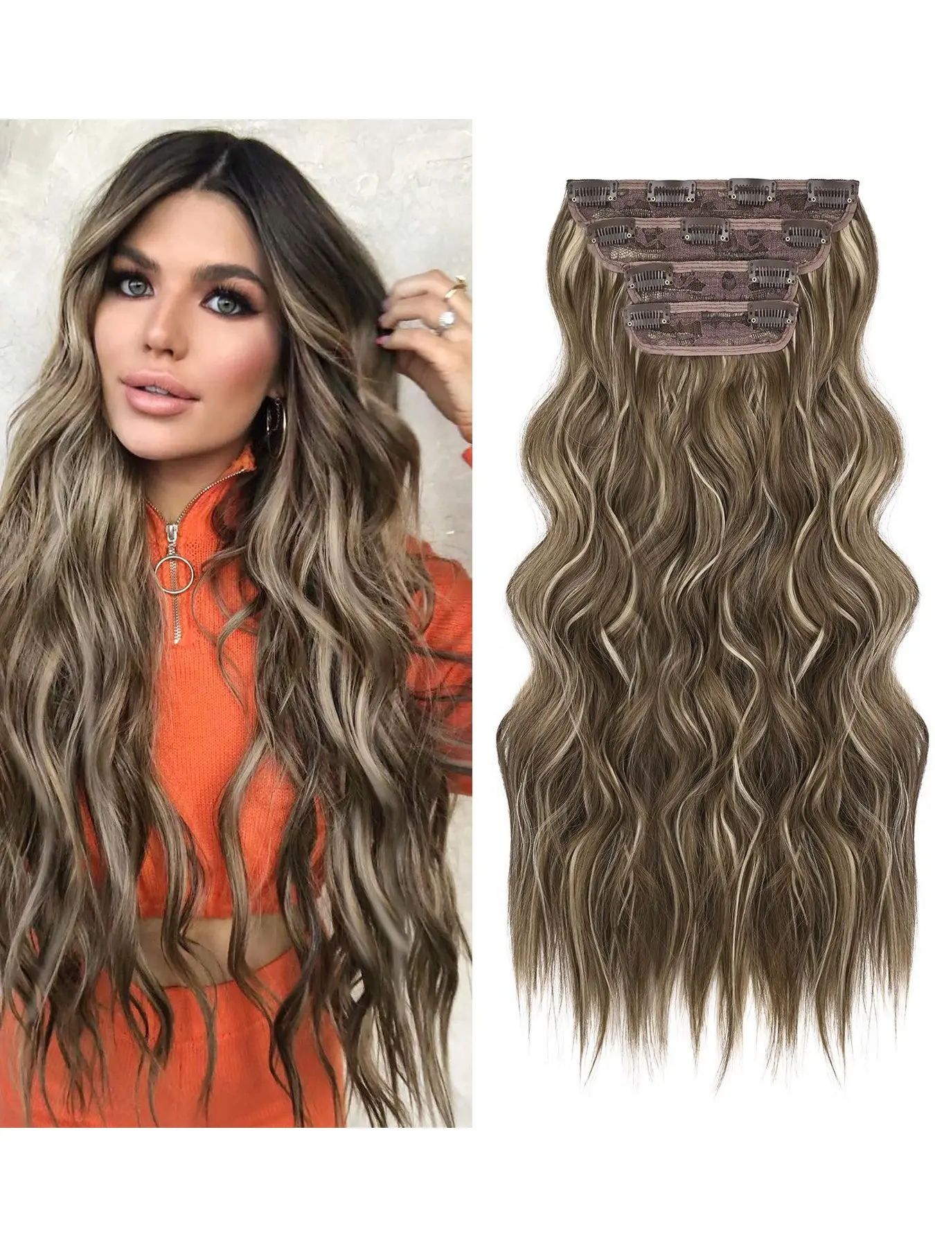 Beach Wave Clip-In Extensions, Blonde Balayage Hair Wefts, Soft Glam Volume & Length, Long Wigs for All Seasons, Curly Hair Extensions