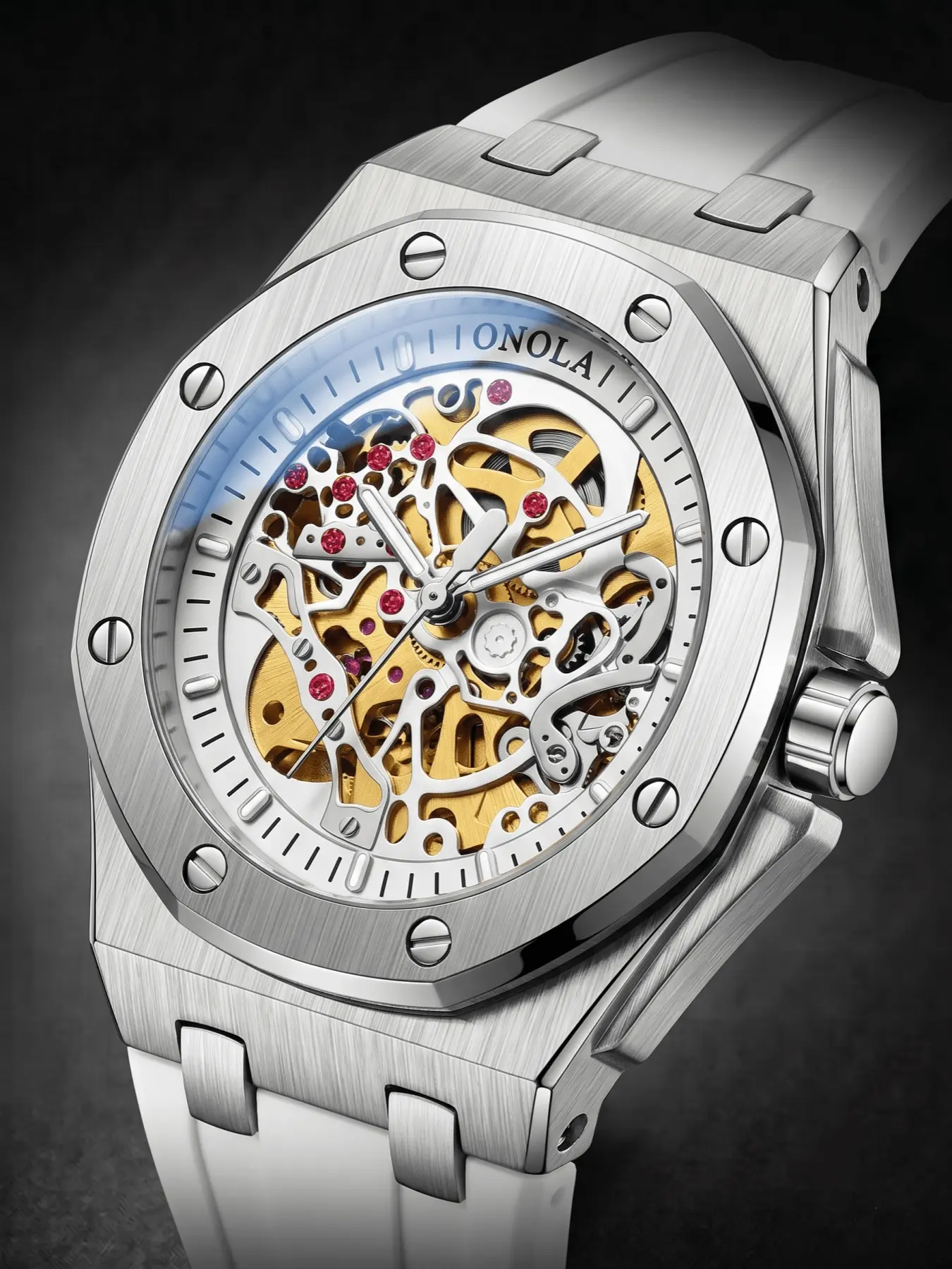 ONOLA Men's Skeleton Automatic Watch Mechanical Wristwatch—Luxury Sports Mechanical Watch with Hollow Dial, Silicone Strap, 30M Water Resistance, Mineral Glass, and Metal Case—Trendy Men's Everyday Watch, Casual Commute Watch, and Gift Watch for Gentleme