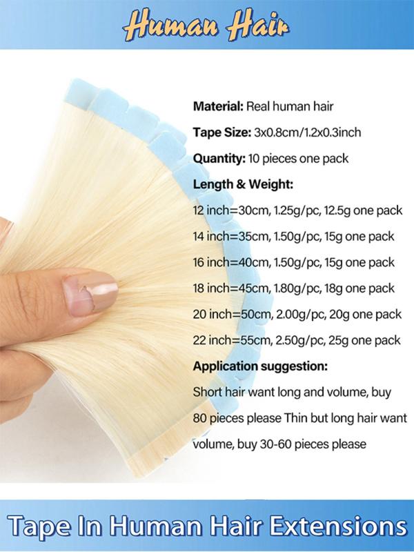 Mini Hair Extensions Human Hair Invisible Tape, Women's Hairpiece, 10 Pieces Per Pack, Easy to Use, Natural Look