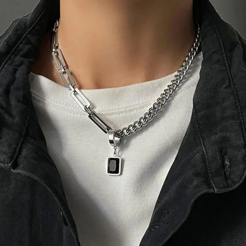 Bike Punk Choker Necklace, Stainless Steel Spliced Links with a Black Stone Pendant, Adjustable Unisex Street Jewelry, 50Cm+5Cm, Punk Bike Style, Versatile Length