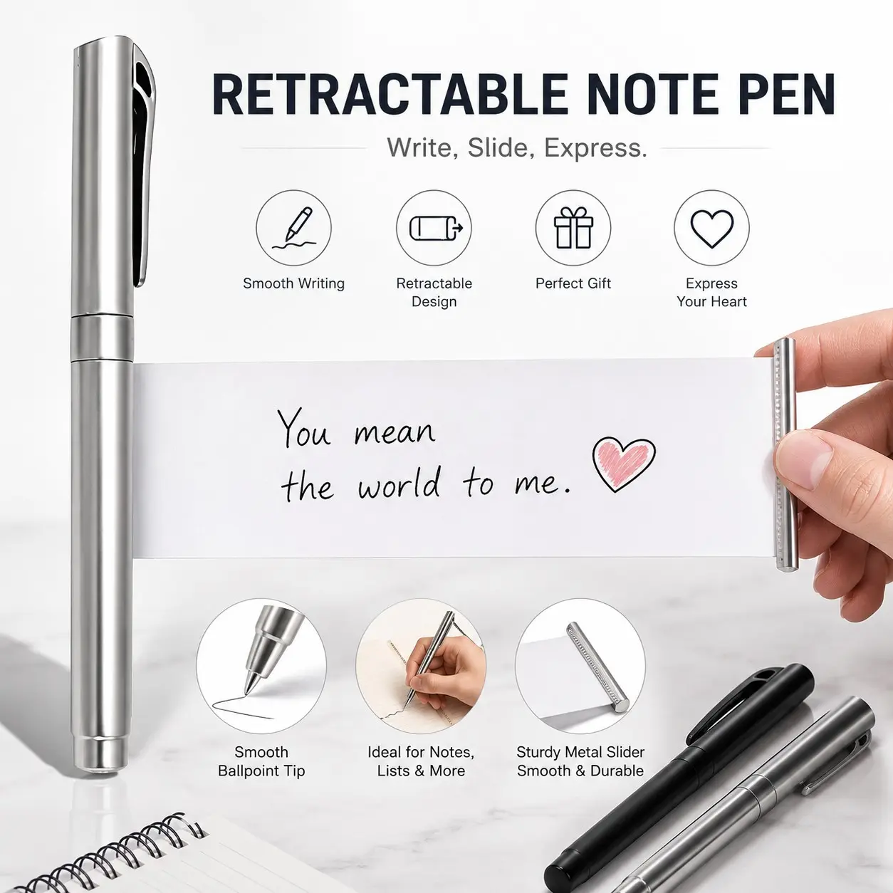 3pcs Silver Color Ballpoint Pens, 0.5mm Tip, Daily Use Memo Pen, Couples' Relationship Enhancer, Includes Paper Strip Holder