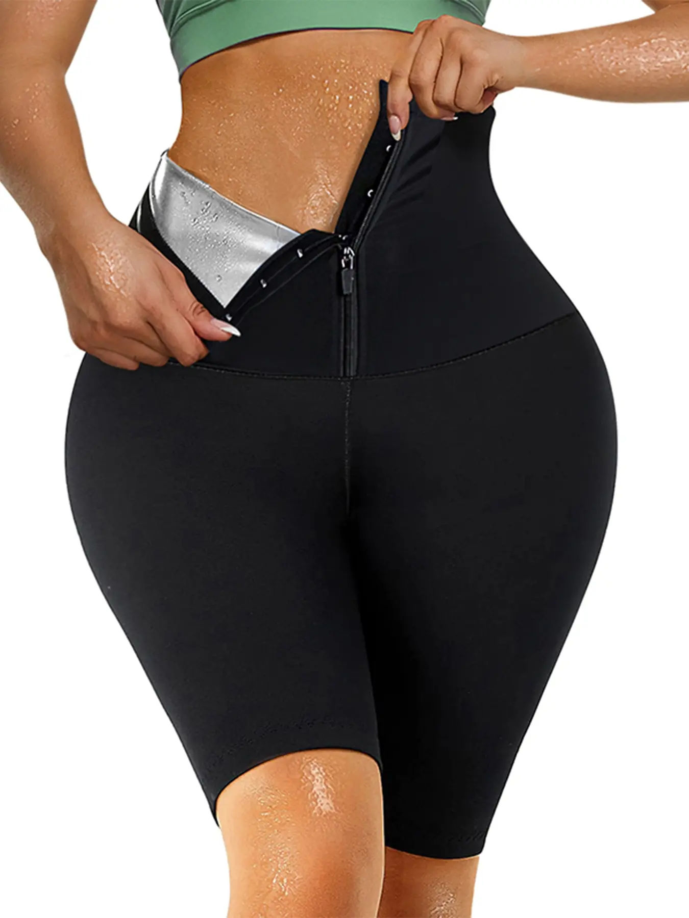 Women's Heated Silver Fiber Waist Cincher Panties, High-Waisted Zipper Shapewear Sweatpants, Sporty Style Abdominal Control Underwear