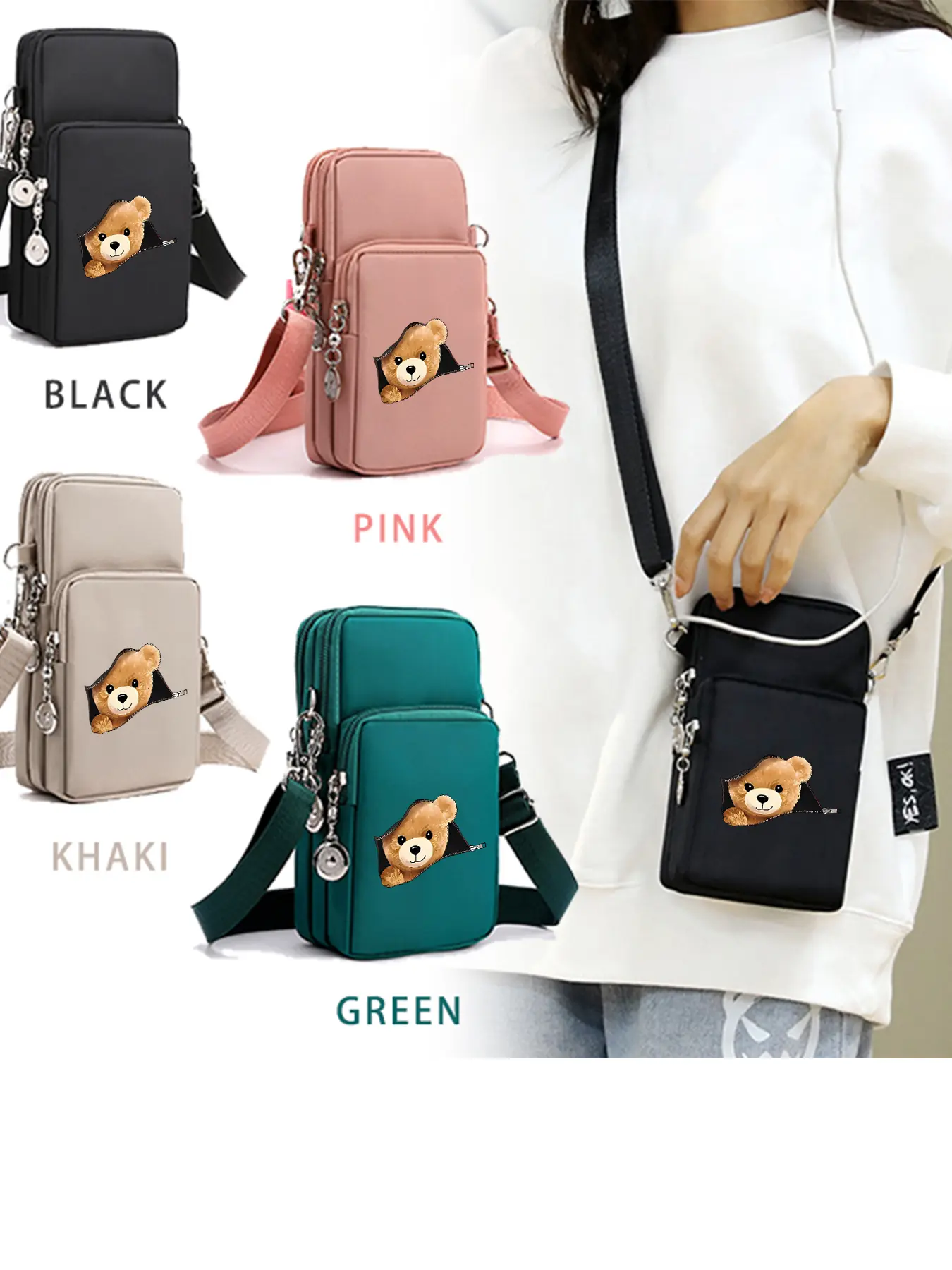 Teddy Bear Pattern Crossbody Bag, Casual Shoulder Bag, Lightweight Phone Bag with Headphone Jack, Adjustable Shoulder Strap, Multi‑zipper and Multi‑pocket Design, Ideal for Daily Shopping and Commuting, A Perfect Gift.