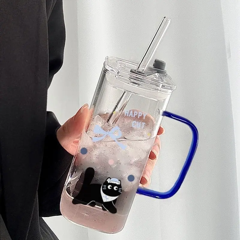 13.5oz Square Glass Cup with Handle, Cute Cartoon Print, Heat-Resistant Tumbler with Lid and Straw, Reusable Drinkware for Hot Cold Drinks