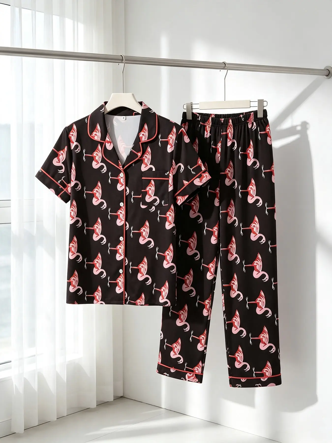 Pretty Pink Flamingo Black Print Women's Cardigan Short‑Sleeve Top And Long Pants Pajama Set, All‑Season Wearable, Tropical‑theme Loungewear, Casual Cozy Bedroom Outfit
