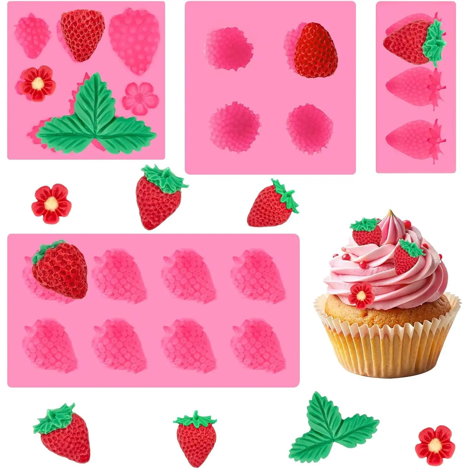 4-Pcs Food Grade Silicone 3D Strawberry Molds Set for Pet Treats - Oven Safe, Sturdy, Flexible, Push-Out, Different Sizes, Reusable, Fruit Mold Shaping, Cake Decorating, Clay Compatible, Easier Cleanup Baking Tools