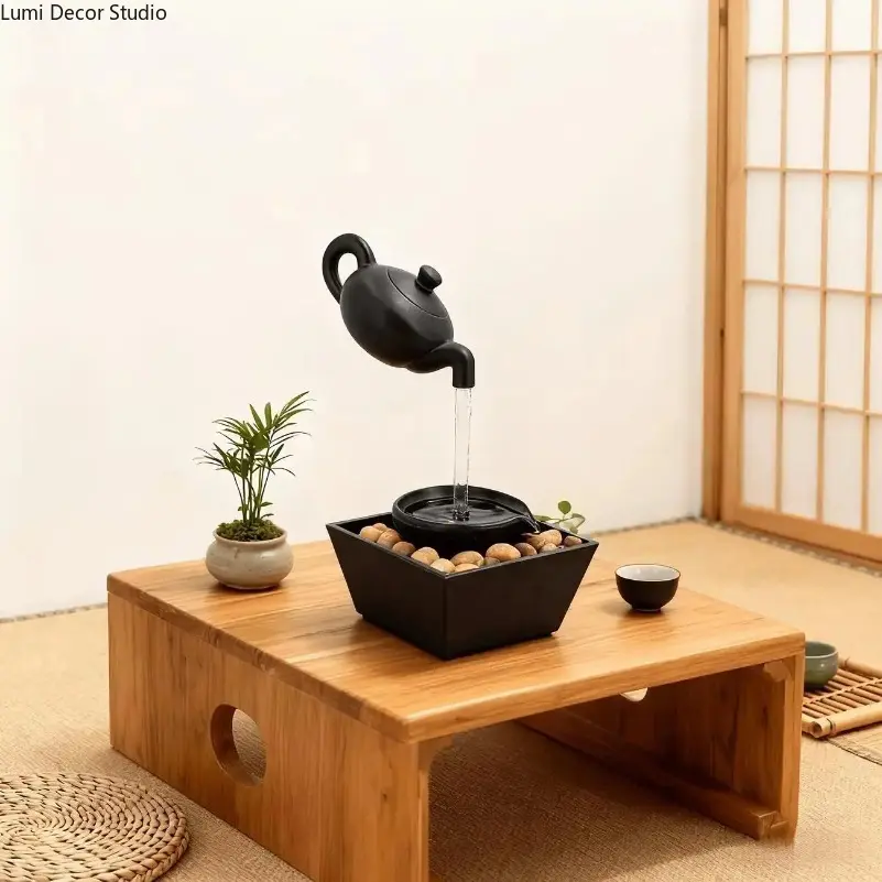 Zen Teapot Resin Fountain Lamp - Pebble Base Water Flow Desktop Ornament with LED Light for Home Office, Meditation Room and Decor
