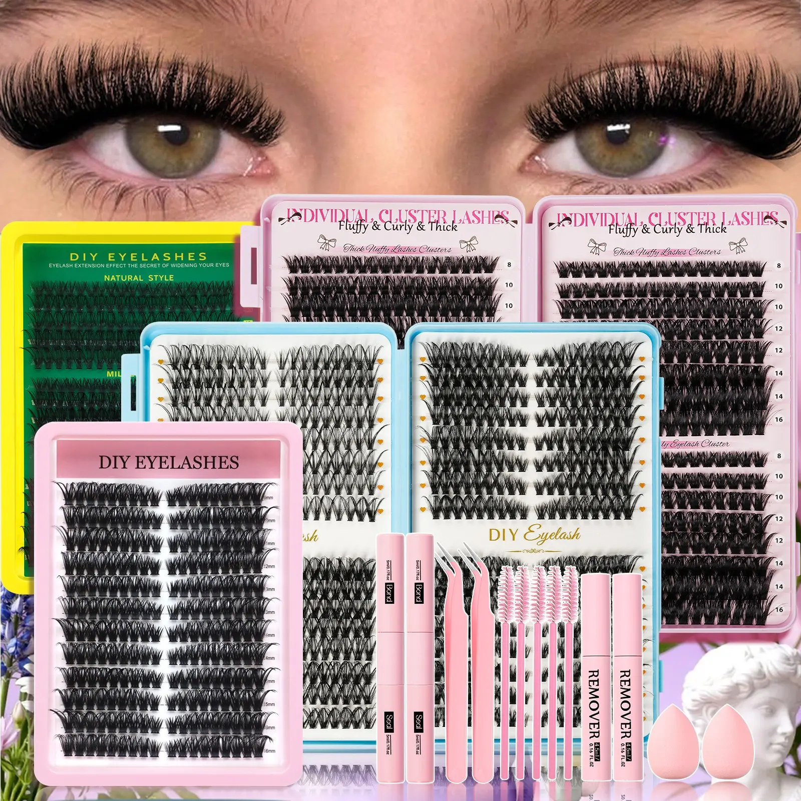 Cluster Lash Extension Gift Set, Fluffy Eyelashes Cluster, 30D 40D 50D 60D 80D Natural Styles Cat Eyes Extra Volume, Soft & Lightweight, with Bond & Seal, Remover, Tweezers, Brush, Makeup Sponge, Easy DIY Eyelashes at Home, Salon Look at Home