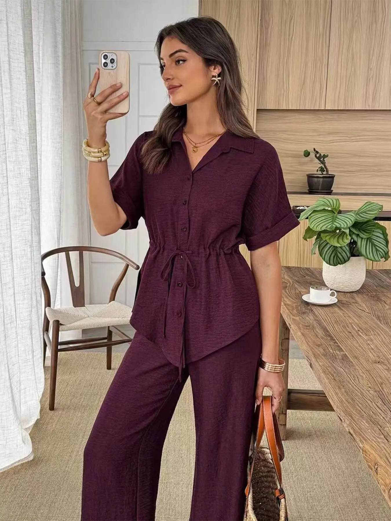 Summer Casual Women Clothes Solid Texture Fabric Drawstring Waist Adjustable Short Sleeve Shirt and Long Pants Two-Piece Set Outfit, Comfortable and Stylish