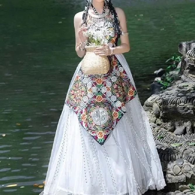 Hmong Miao White Embroidered Long-Skirt Styling Set - Bustier, Sash & Skirt