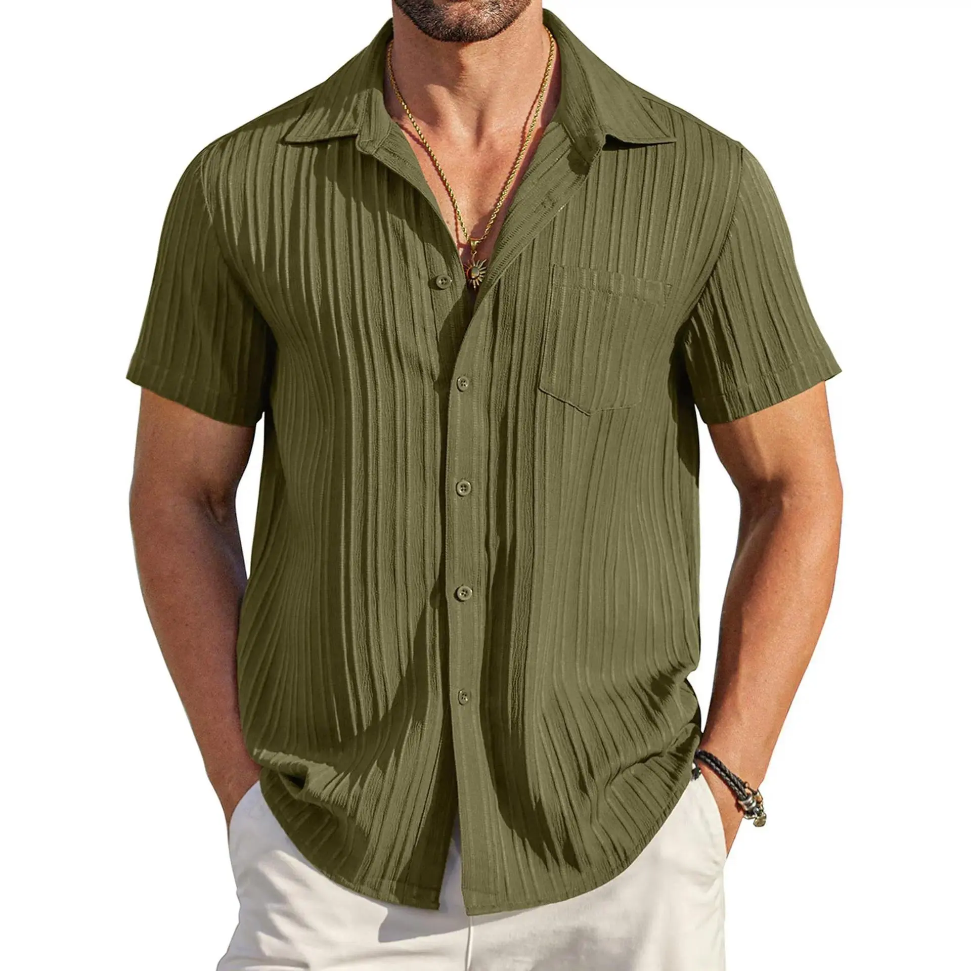 2026 Summer Men's Collared Short-Sleeve Button-Down Shirt, Casual Solid Color Men's Shirt, Versatile Striped Top, Men's Clothing