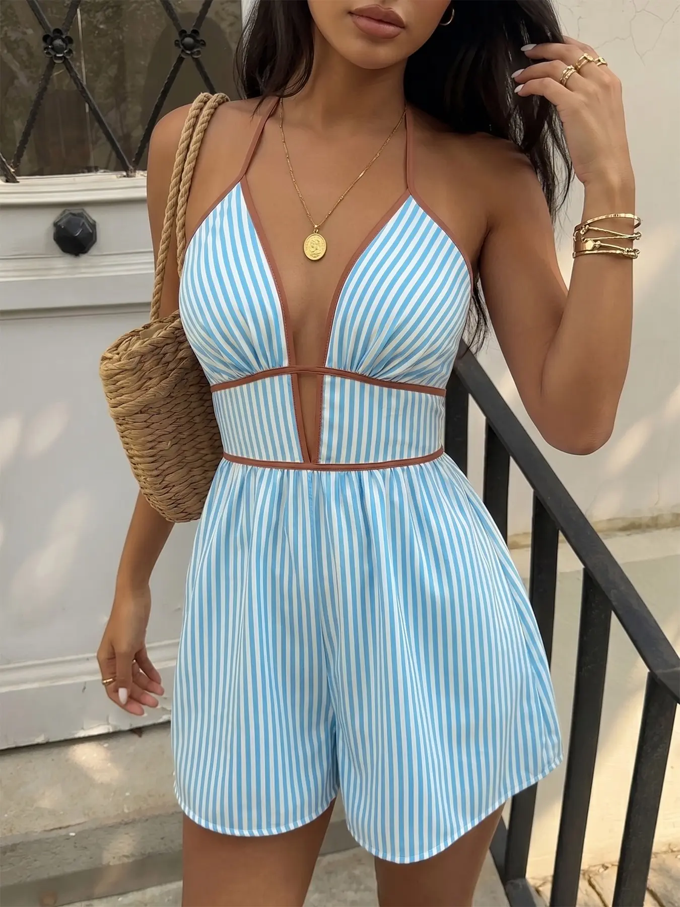 Summer New Arrival Fresh Vacation Style One-Piece Pants, Striped Halter Neck Waist Cinch Short Pants, Chic, Trendy and Comfortable