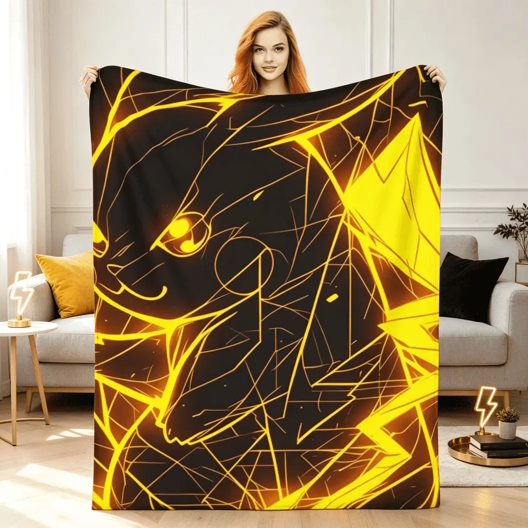 Pikachu Themed Flannel Blanket, Soft Cozy Throw Blanket for Anime Fans, Lightweight Cooling Blanket for Couch Bed Travel Bedroom Dorm Living Room, Kids & Adults Gift