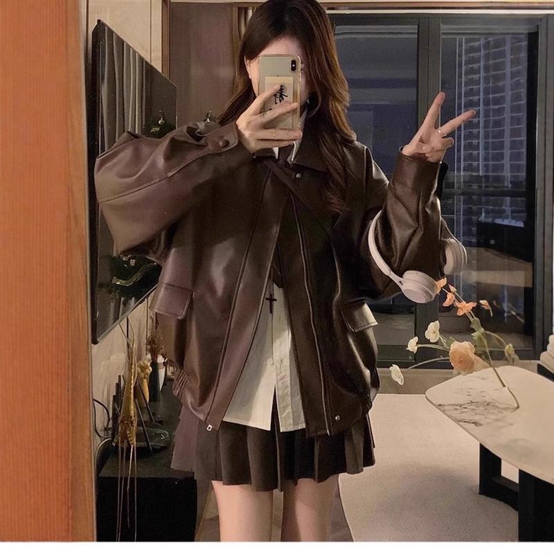 Maillard brown motorcycle leather jacket women 2026 new spring and autumn American retro windproof  jacket coat tide