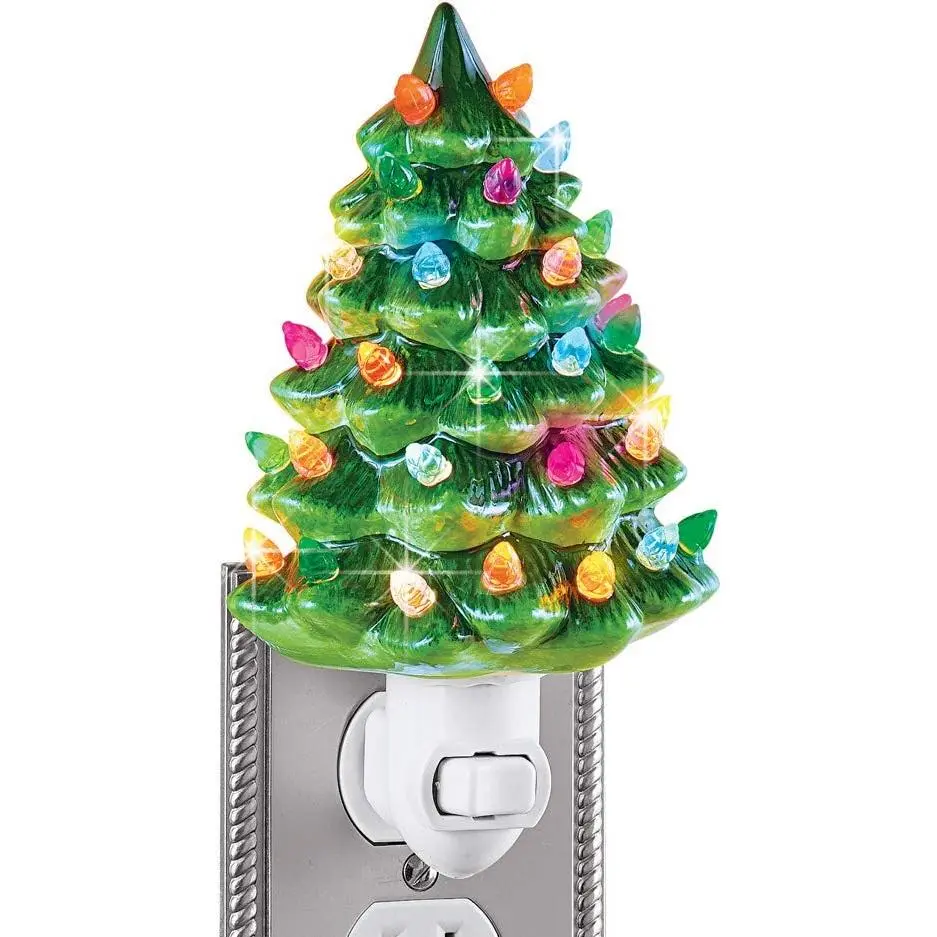 Ceramic Christmas Tree Night Light - 6"H, Nostalgic, Decorative Bathroom Decoration, Green