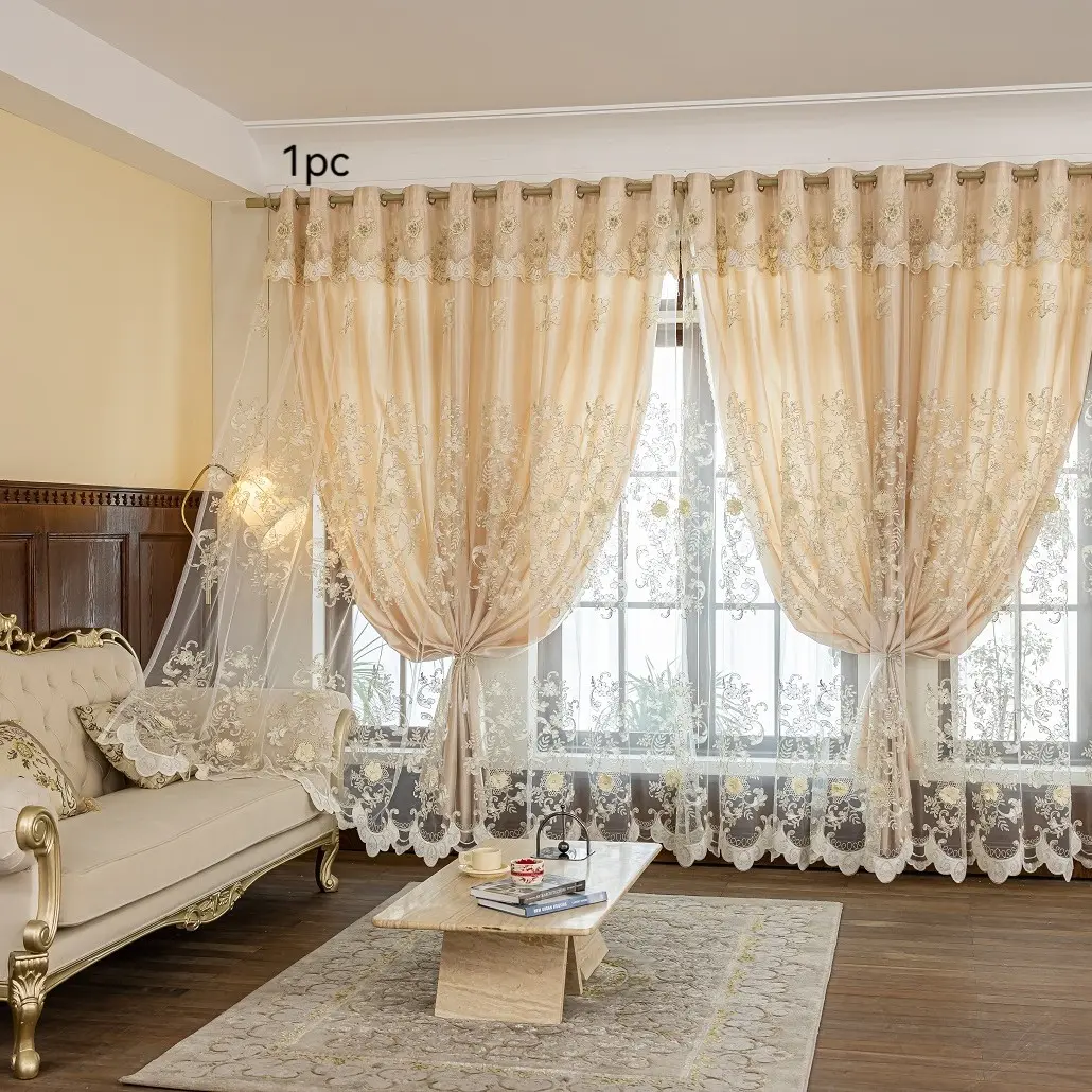 1-piece American and European-style three-dimensional floral embroidery double-layer curtain, set of fabric and sheer curtain with integrated valance, floor-length curtain, vintage European water-soluble lace, light luxury, Window curtain