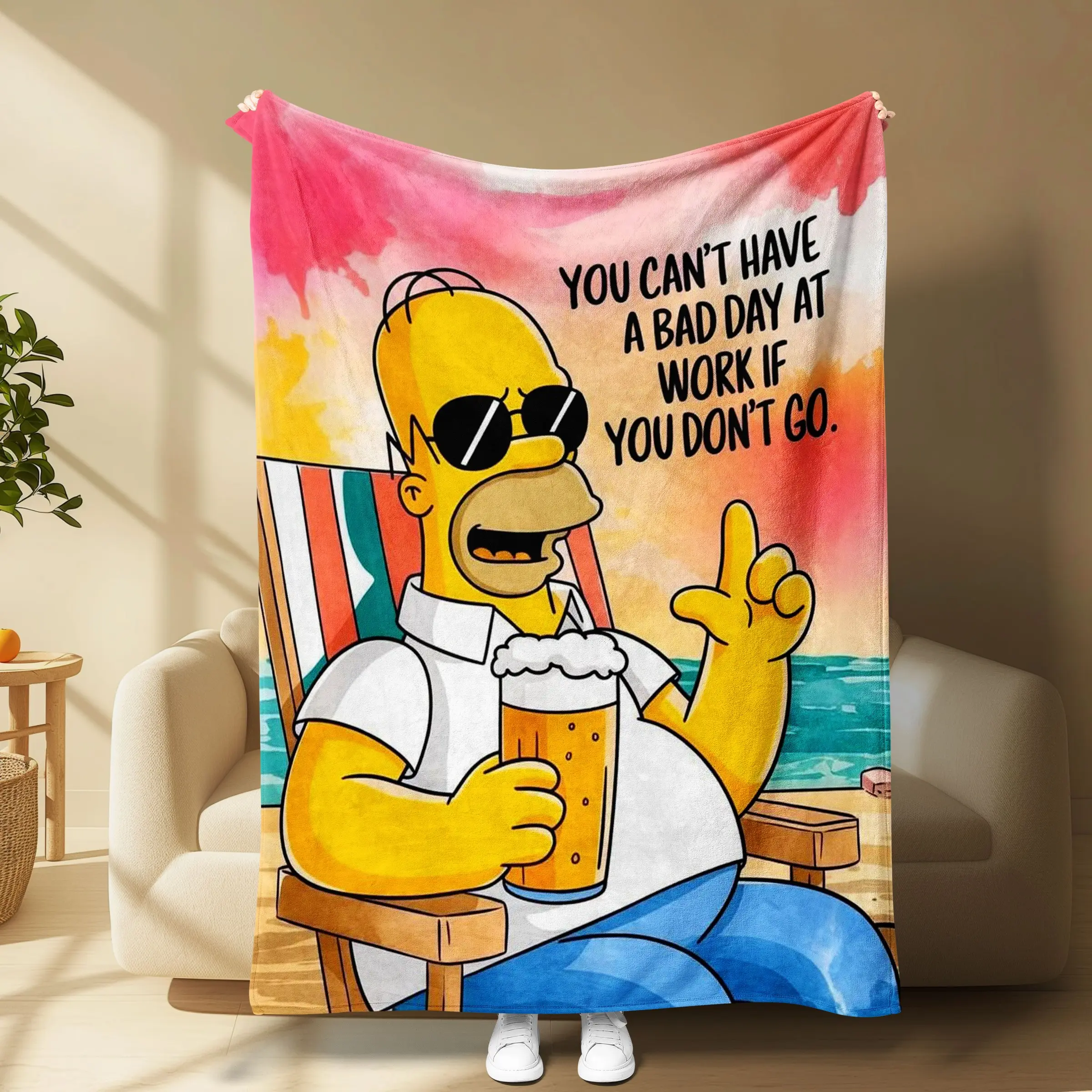 Summer Beach Homer Simpson Fleece Blanket, The Simpsons Poster Design With Funny Work‑Life Slogan Sunset Seaside Scenery, Soft Cozy Plush Blanket for Simpsons Fans Home Sofa Bed Camping Gift, Funny Throw Blanket