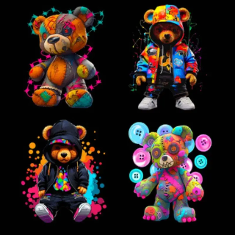 4pcs Hip-Hop Bear Heat Transfer Patches, DTF Hot Transfer Fabric Stickers, Colorful DIY Clothing Decoration Patches, Creative Craft Supplies