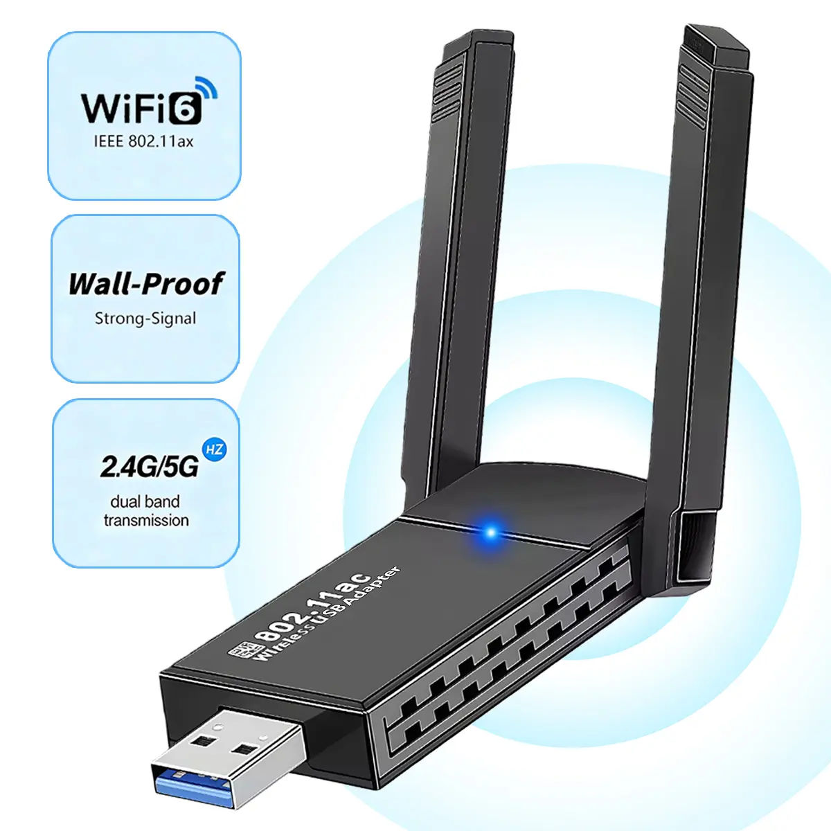 1300Mbps USB 11ac Wireless Adapter Dongle With 5dBi Double Atenna,Dual Band WiFi 5GHz/2.4GHz High Gain Adapter for PC,Support Windows 11/10/7,USB WiFi Adapter for Desktop PC