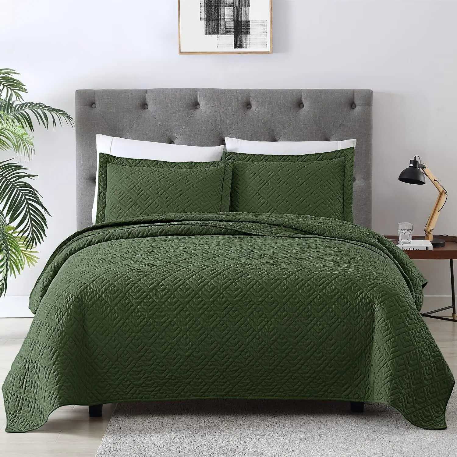 Quilt Set Queen Size Summer Squares Pattern Olive Green Bedspread | Bedding Set For All Season Use, Soft & Breathable Coverlet, 3-Piece Set Includes 2 Shams, Machine Washable