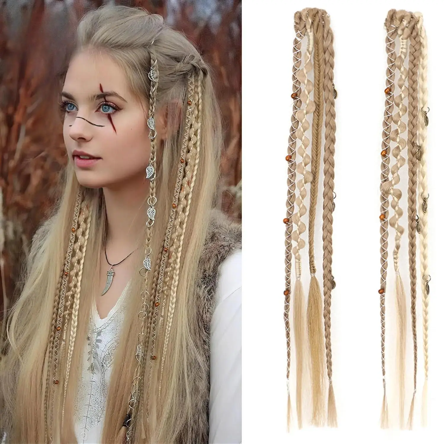 2-Pcs Boho Braided Twists Synthetic Hair Extensions, Viking-Desert Style Dreadlock Hairpieces, Maillard Color Charms & Twillies with Metal Accents for Cosplay, Boho Braids, Metal Charms, Hair Braids