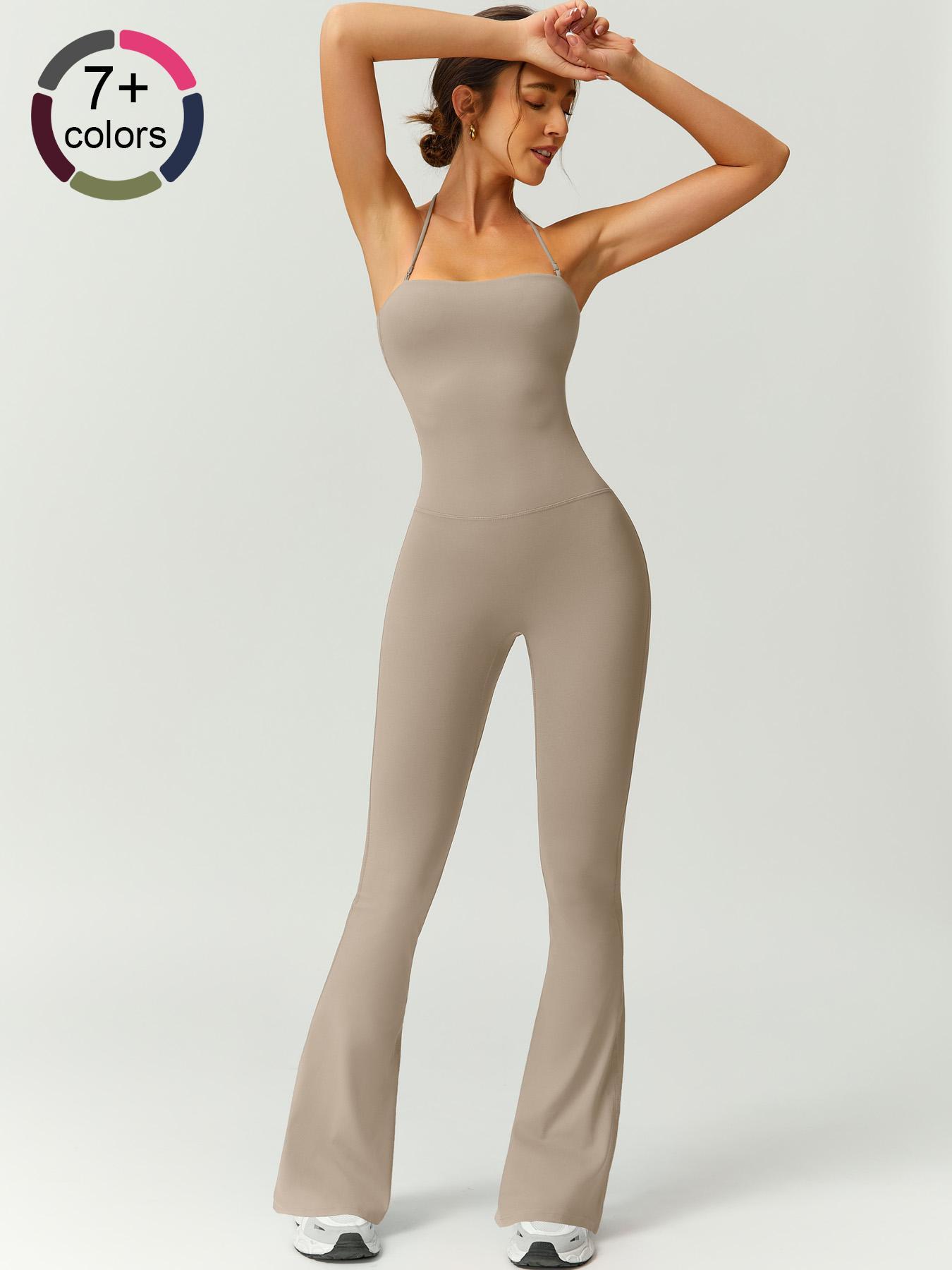 Women's Solid Color Flare Leg Sports Jumpsuit, Casual Comfy Breathable Jumpsuit for Yoga Gym Workout, Ladies Sportswear for Summer, Sportswear Jumpsuits