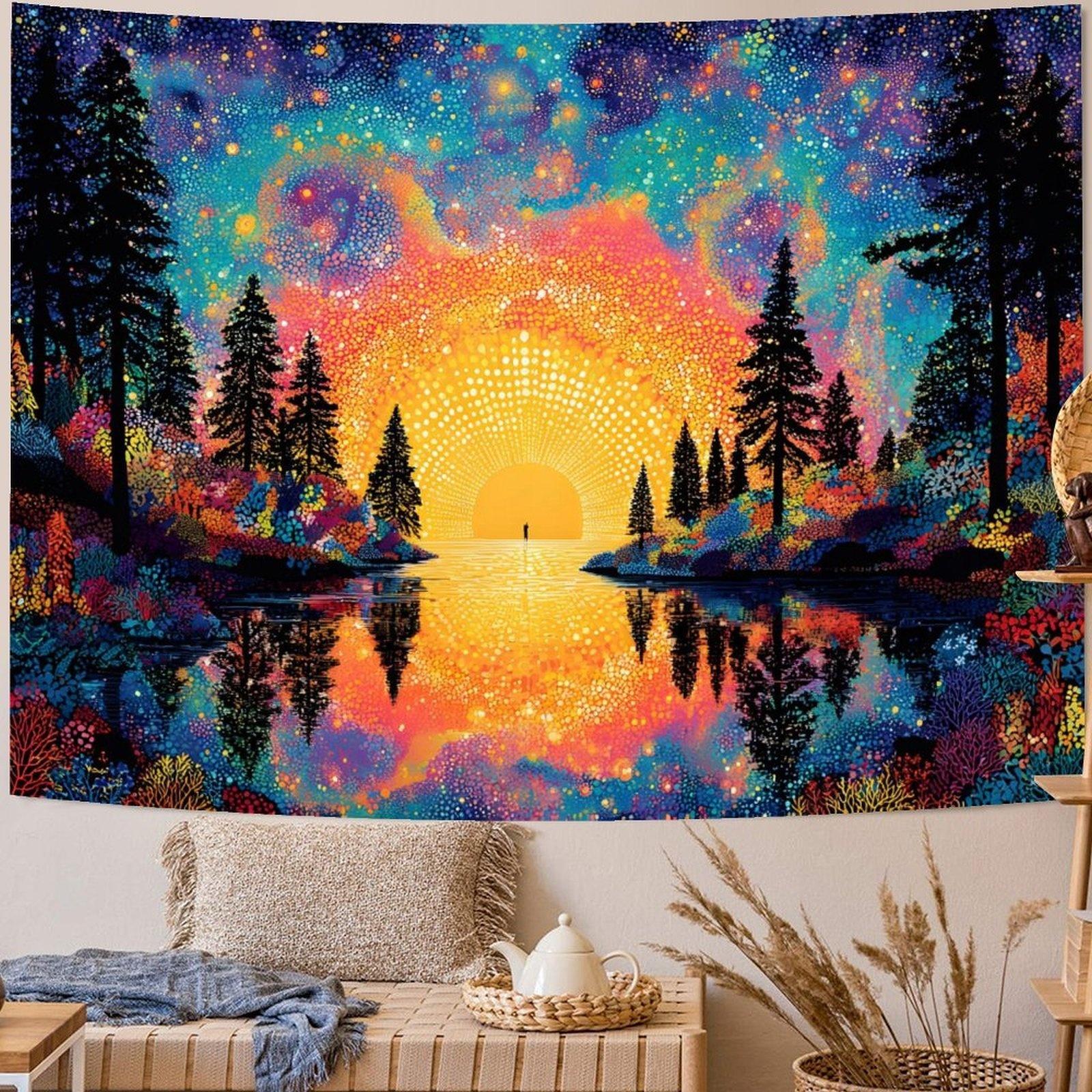 Dilatance effect, sunrise forest lake background fabric for digital printing on polyester wall tapestry, suitable for living room, bedroom, and party decoration.