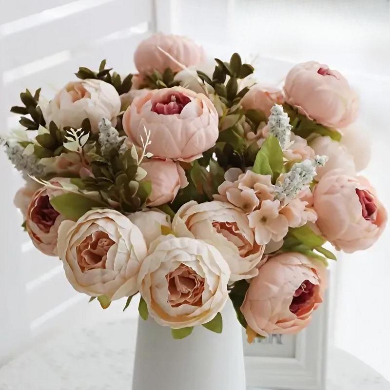 High Quality Artificial Mixed Flower Peony Hydrangea Flower Bouquet Set for Wedding Party Home Decor Christmas Halloween Table Centerpiece Living Room Dining Room Decoration Mothers Day Gift Ins Style Faux Floral Arrangement