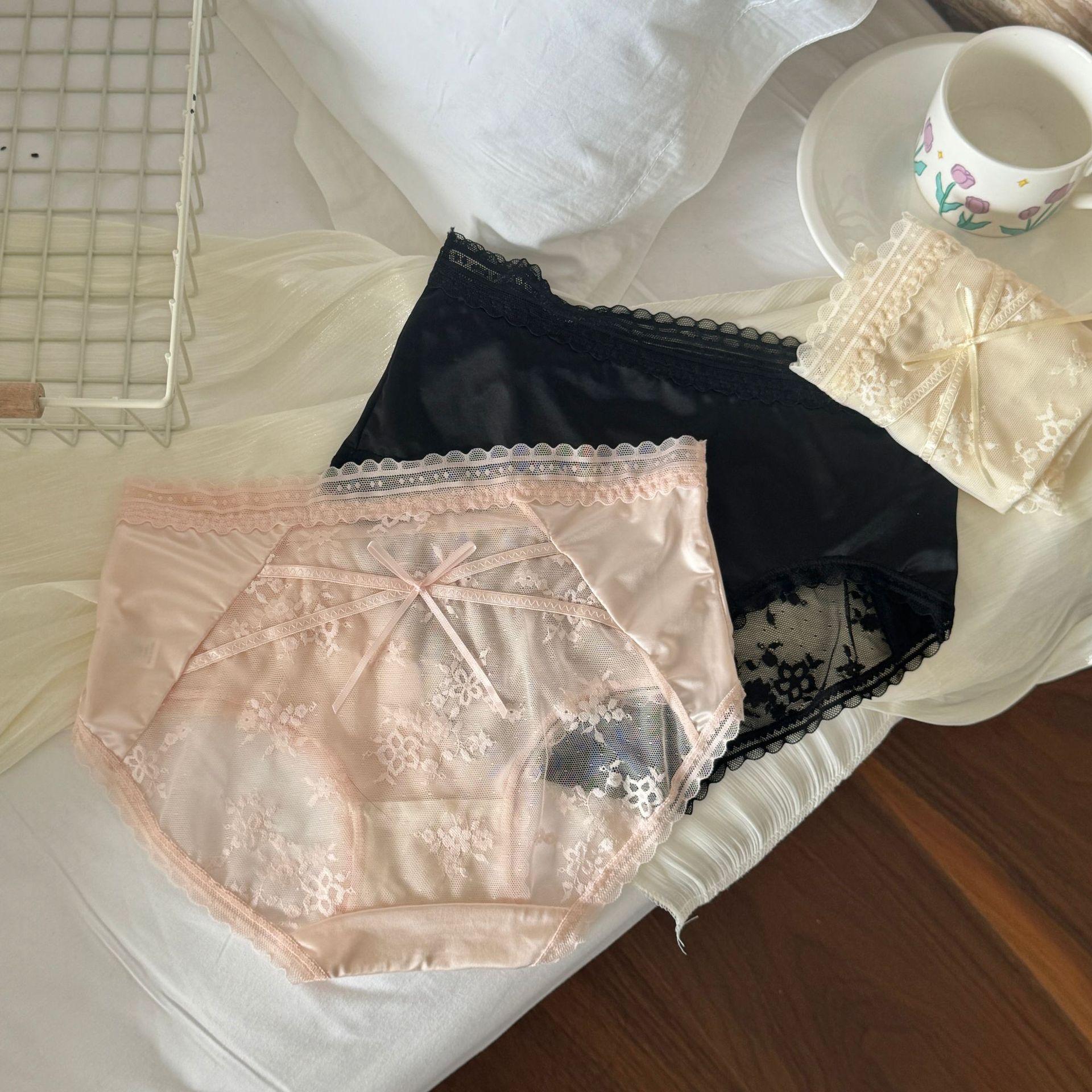 French Style Pure Desire Transparent Girl Mid-Waist Bow Lace Silk Cotton Crotch Panties Women Thin Summer