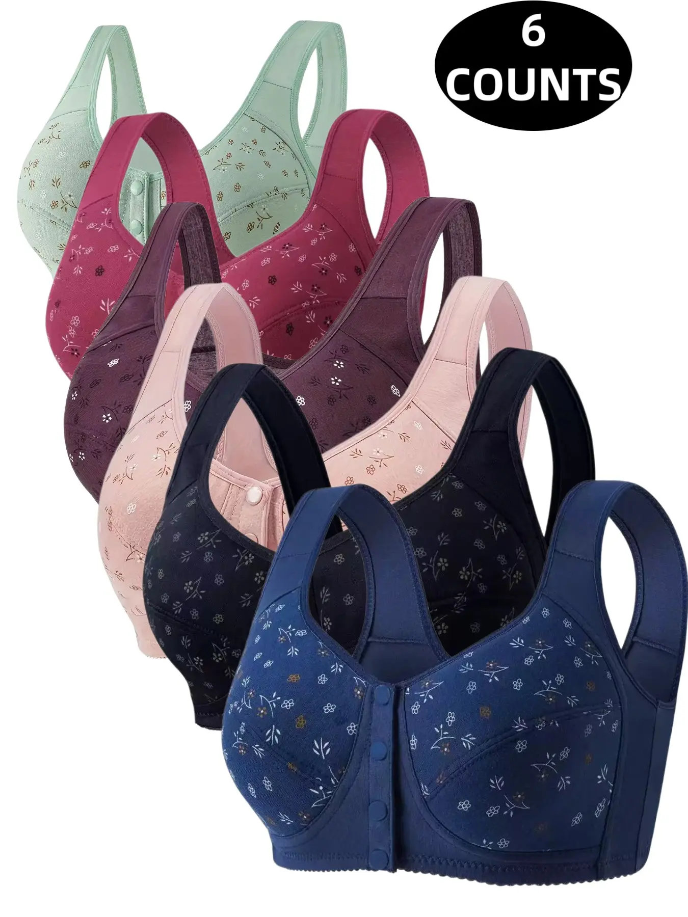 6-Pack Floral Wireless Bras, Comfortable & Breathable, Full Coverage Push-Up, Elderly-Friendly Front Buckle, All-Season Fitted Bra, Breathable Comfy Bra