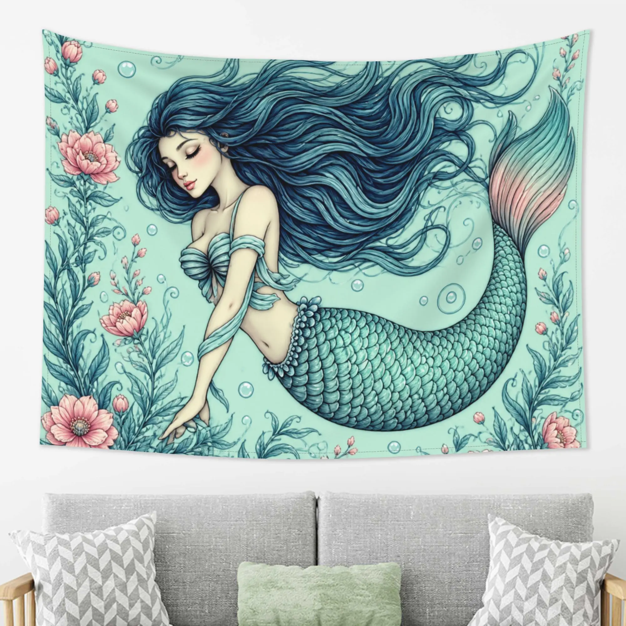 Fantasy Mermaid Wall Hanging Tapestry - Aesthetic Teal Sea Maiden with Pink Floral Accents & Ocean Bubbles Art Decor for Bedroom Living Room Dorm - Mythical Undersea Goddess Large Fabric Poster Mural,Hippie,UV