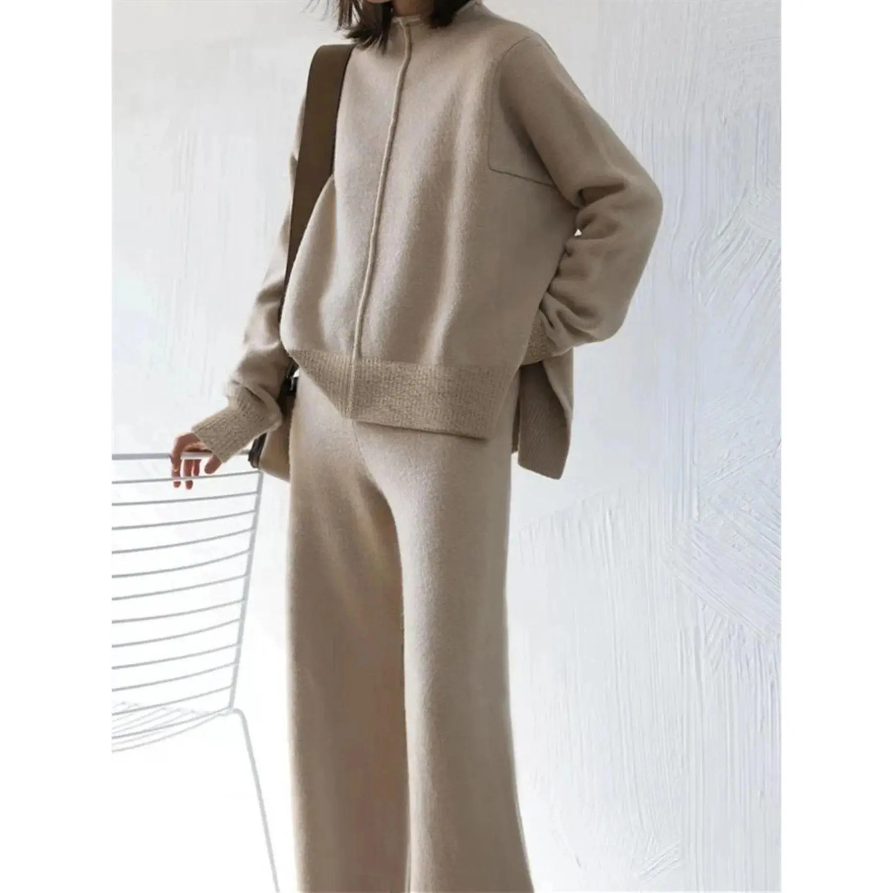 Women's Beige Oversized Knit Two-Piece Set with Half-Zip Sweater And Wide-Leg Pants Casual Loungewear
