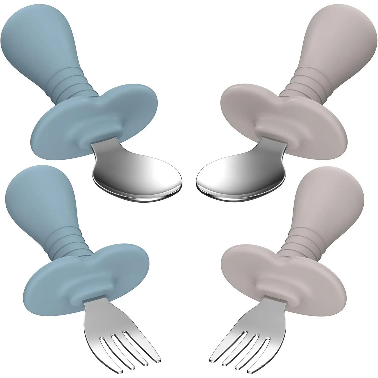 4-Piece Toddler Utensils Set, Kids Silverware with Silicone Handle, 18/8 Stainless Steel Child-Safe Forks and Spoons, BPA Free, Anti-Choke Design (Light Blue, Grey)(Gift)