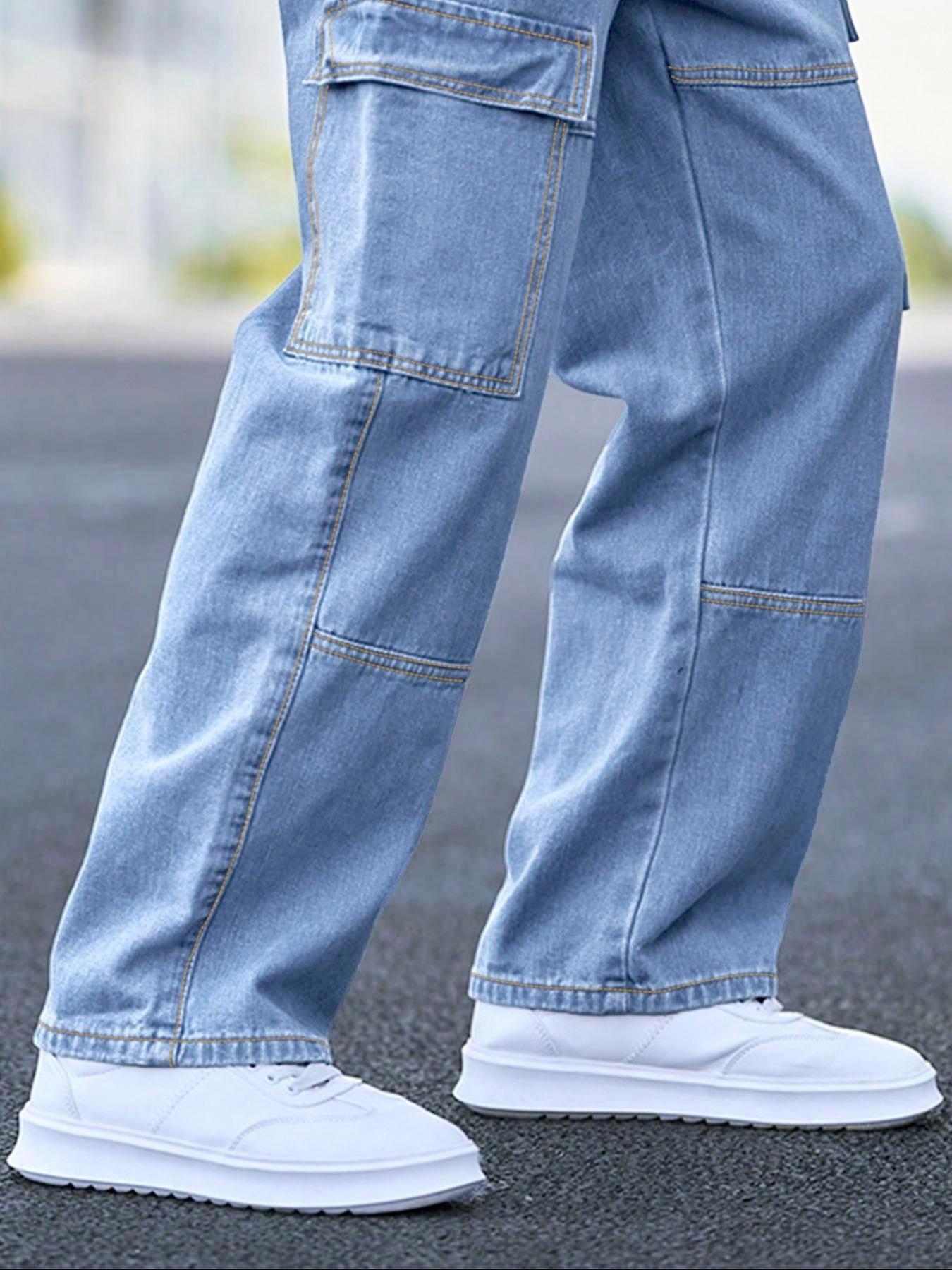 Men's Solid Flap Pocket Cargo Jeans, Loose Casual Street Fashion Denim Pants for Daily Wear, Men's Trousers for All Seasons, Streetwear