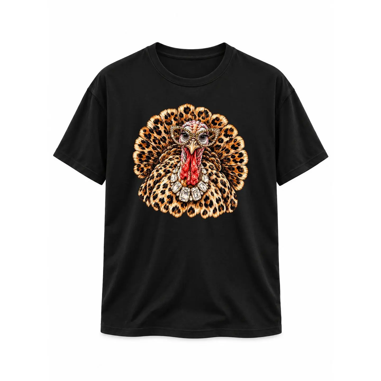 Leopard Print Turkey Thanksgiving Graphic T-Shirt, Glam Turkey with Glasses & Bling Necklace Tee, Cute Funny Fall Holiday Shirt for Women, Unisex White Short Sleeve Printed Top