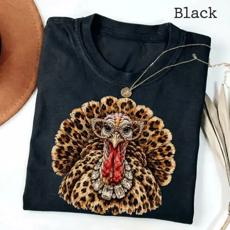 100% Cotton Leopard Turkey Thanksgiving Shirt, Rhinestone Glam Bling Graphic Tee, Trendy Fall Turkey T-Shirt, Luxury Autumn Holiday Apparel
