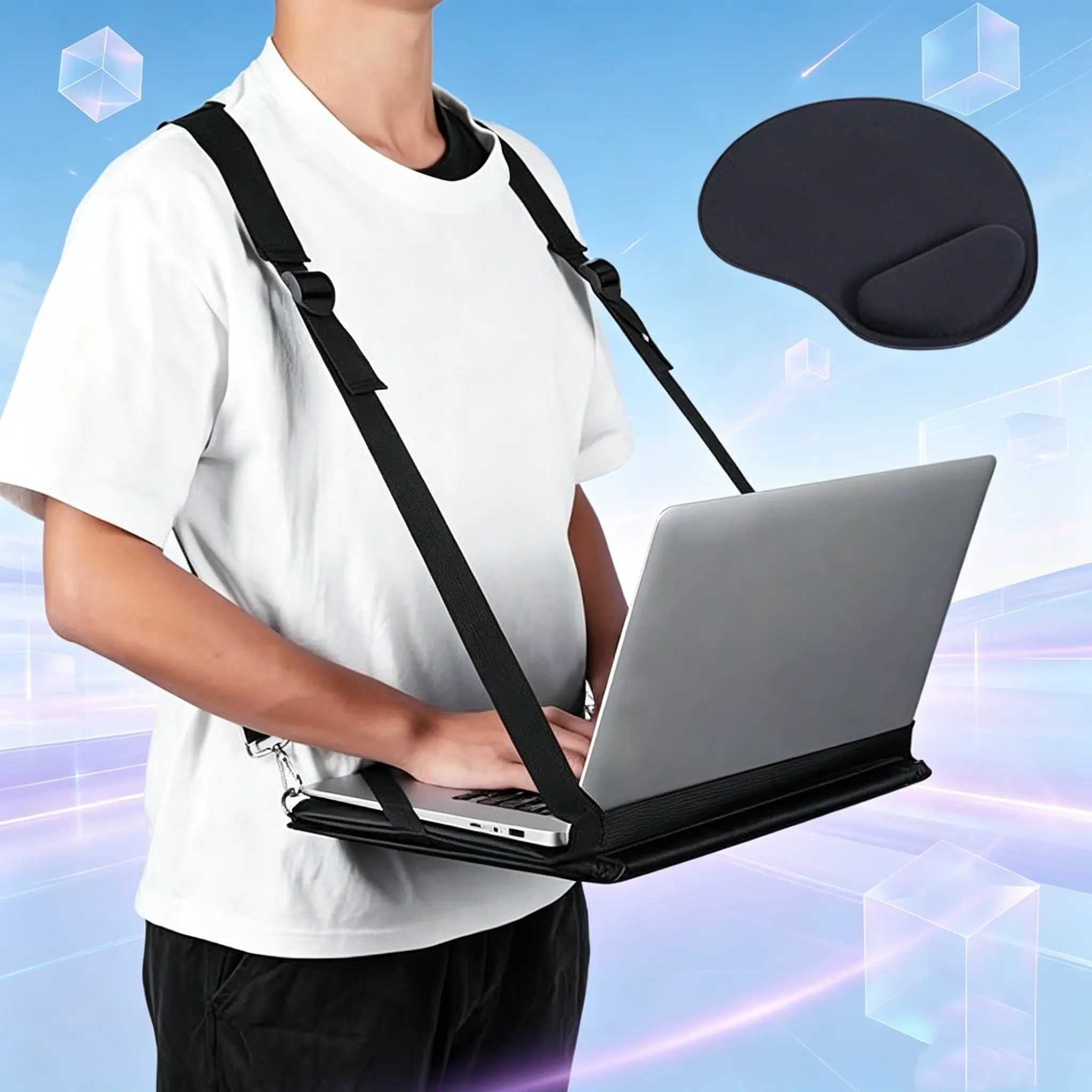 Laptop Harness, Wearable Laptop Stand, Laptop Harness for Walking Anti-Slip Upgraded Portable Wearable Black Laptop Stand with Safety Strap for up to 17 Inches Tablets E-Readers Notebook Notepad Standing Desk, Includes Memory Foam Mouse Pad