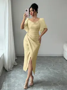 Elegant Formal Women's Dress with Metal Buckle, Colorblock Ruffled Neckline, Petal Sleeve, Slim Fit, Chic and Stylish Evening Gown