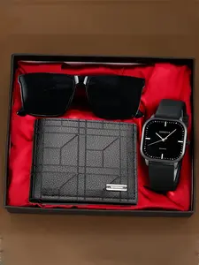 Men's Business Quartz Watch with Fake Triple Dials, Roman Numeral Markings, Leather Strap, Gift Box Set (3-piece)