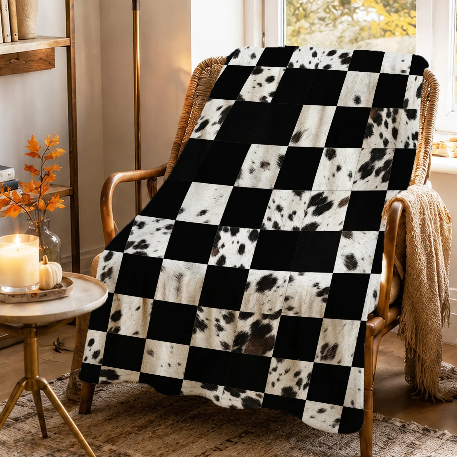 1pc Black and White Dalmatian Print Blanket, Modern Chic Style, Stylish Patchwork Design with Bold Contrast and Unique Pattern, for Living Room Bedroom Farmhouse Decor and Pet Lovers Gift
