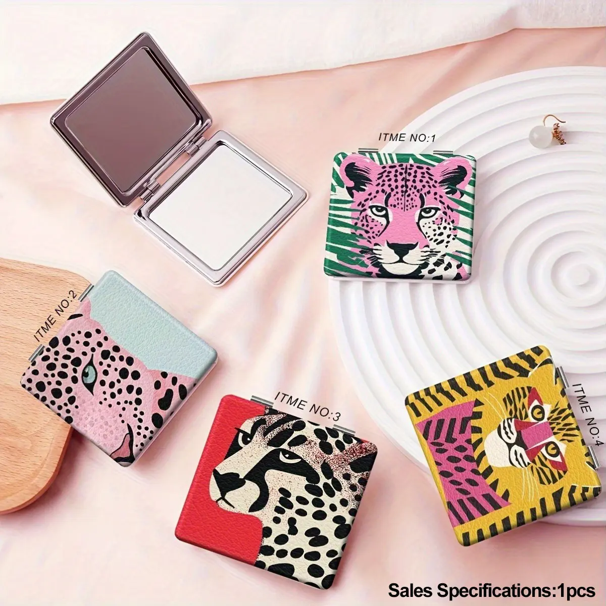 Portable Foldable Makeup Mirror, Y2K Cartoon Leopard Print Design, Retro Beauty Accessory for Girls, Ideal Gift for Birthday, Valentine’s Day & Wedding