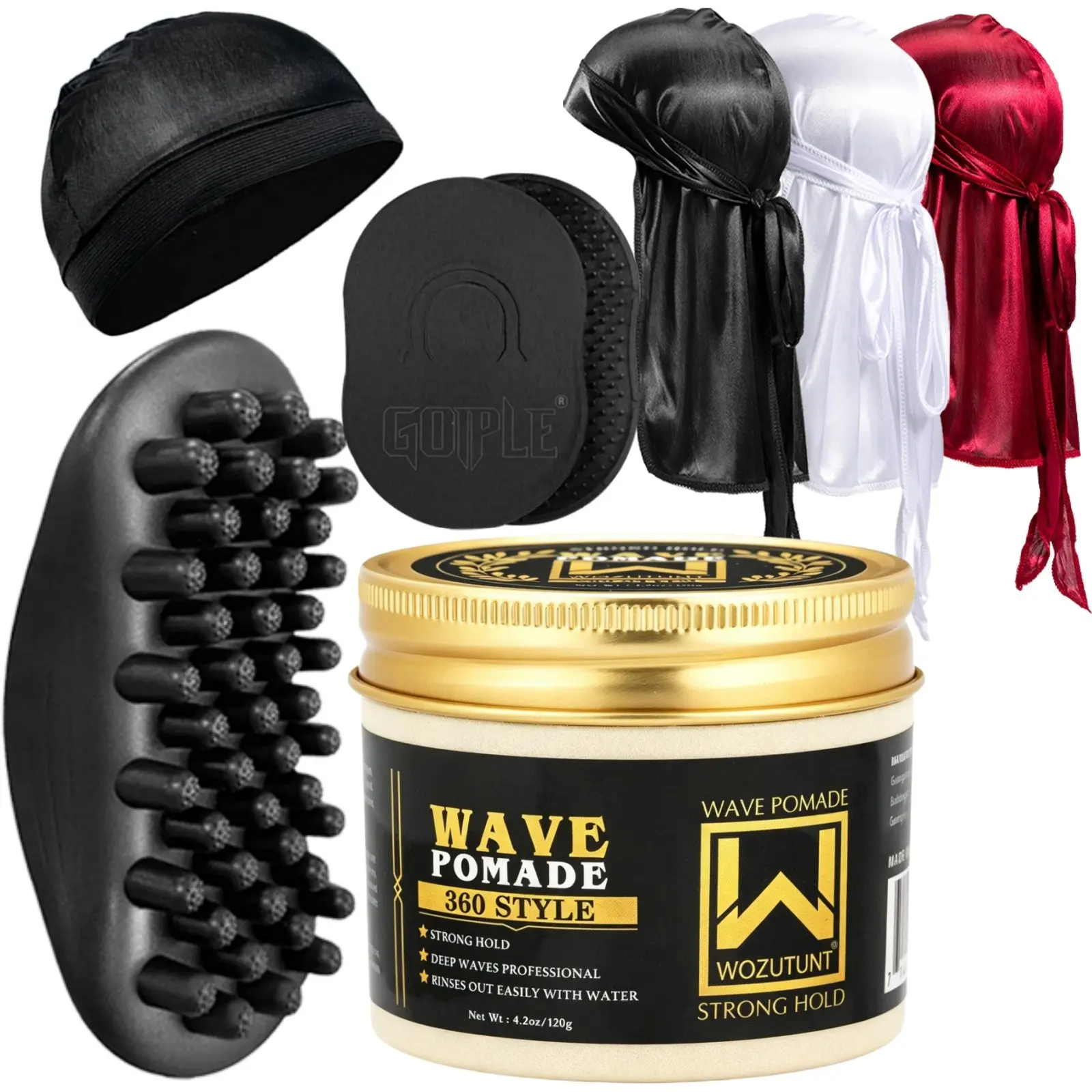 8pcs 360 Wave Pomade, Men's Wave Hairstyle Styling, Hair Styling Pomade. Comes with breathable long‑tail durag, wave cap, wave brush and plastic shampoo brush. Portable travel styling kit for men to create wave hairstyles.