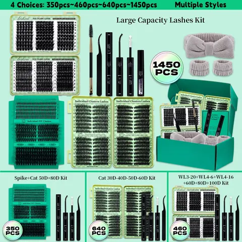 Multiple options: 1450/640/460/350 PCS Lash Clusters Kit, D Curl 11 Styles Cat/Volume/Spikes Lashes Kit with Bond&Seal Lash Remover Brush Lash Applicator Headband Wristband set, Eyelash Kit, DIY at Home Easily, Easy Apply for Makeup Daily